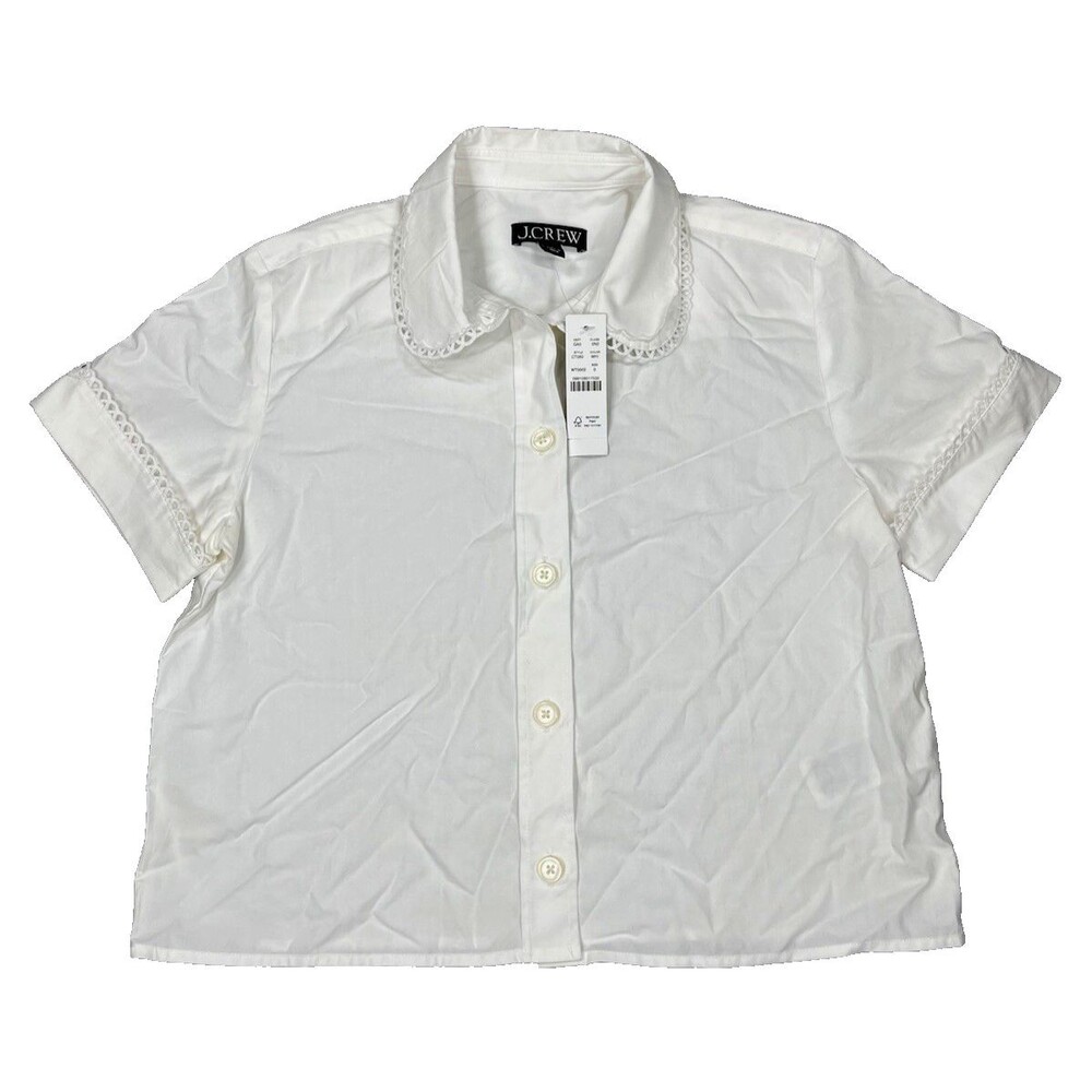 J.Crew White Short Sleeve Button-Up Blouse Lace Trim Collar Women Size 0 Cotton